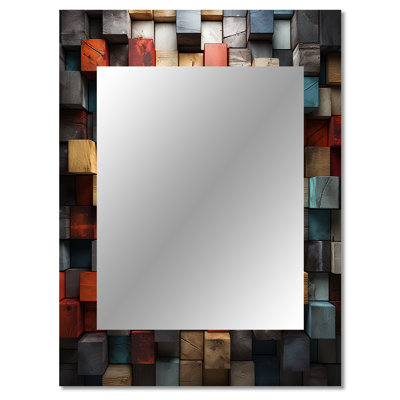 Blue and red abstract cubes IV - Cubism Unique Wall Mirror, Modern Mirror, Printed Metal Art