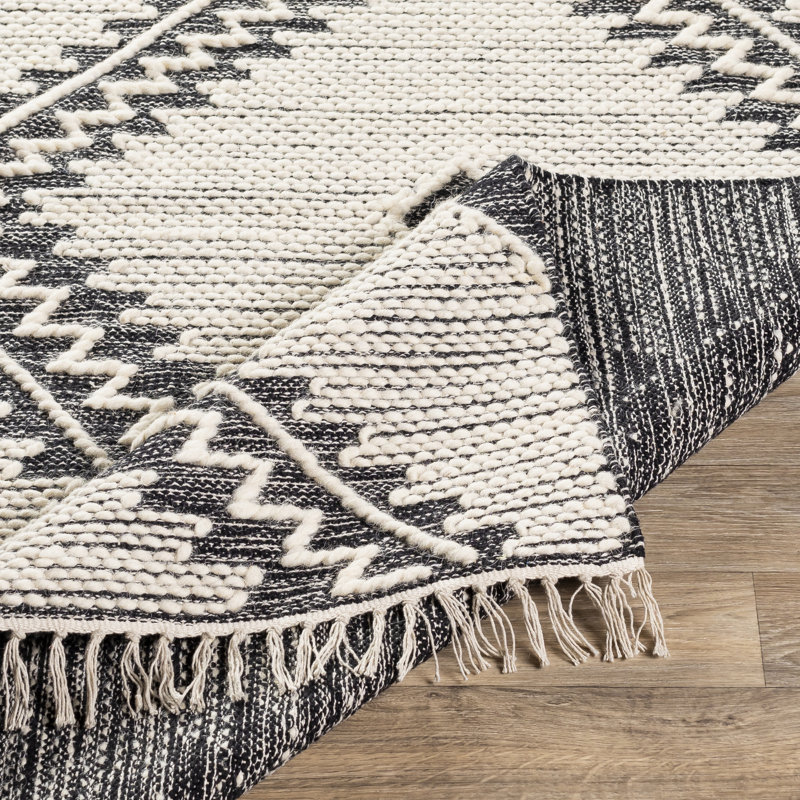 Tapis noir / crème en coton / laine tissé à la main Aristaeus Southwestern, Rectangle 6 pi x 9 pi