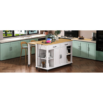 Îlot de cuisine 47 po avec table de salle à manger extensible K&K, table de cuisine en placage de bois d'hévéa avec support de rangement interne, prise de courant, îlot de cuisine avec rangement 2 tiroirs et 2 armoires, blanc