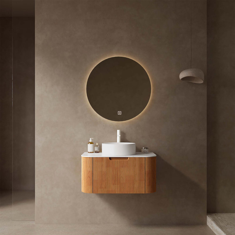 Bathroom Vanity With Sink, Modern Wall-Mounted Floating Curved Edges Striped Bathroom Storage Cabinet With A Drawer Round Ceramic Basin Without Faucet, Pre-Assembled