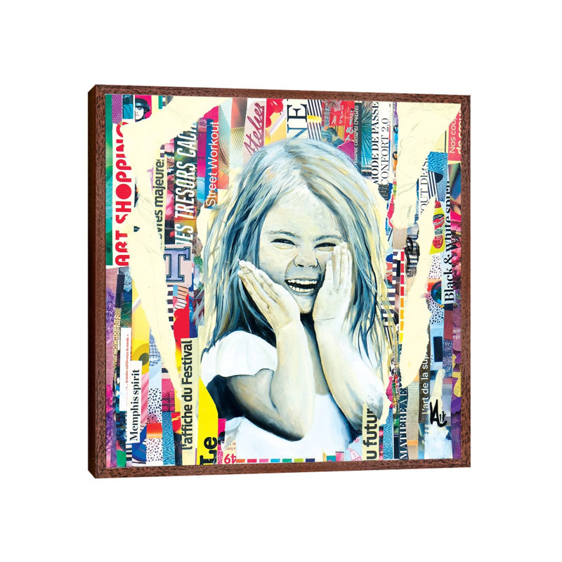 The Mischievous Little Girl by Val Escoubet - Painting on Canvas, Classic Brown Wood Framed, 45.72cm H x 45.72cm W x 3.81cm D