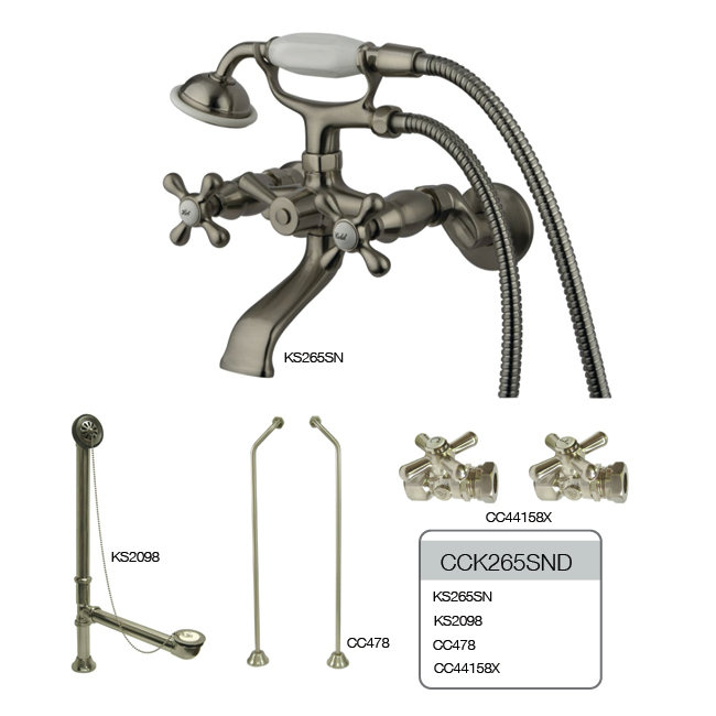 Kingston Brass Vintage Two-Handle 2-Hole Tub Wall Mount Clawfoot Tub Faucet Package with Supply Line, Hand Shower and Tub Drain