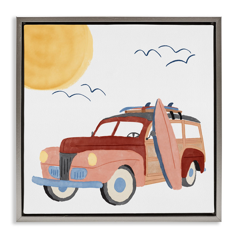 «Summer Surf Wagon» par Carrie Cantwell, H 18 po x l 18 po, Cadre flottant gris lustré
