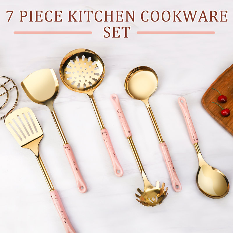 Angel Queen 7 Piece Stainless Steel Cooking Utensil Set, Pink