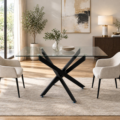 Modern Rectangular Tempered Glass Dining Table With X-Shaped Metal Base