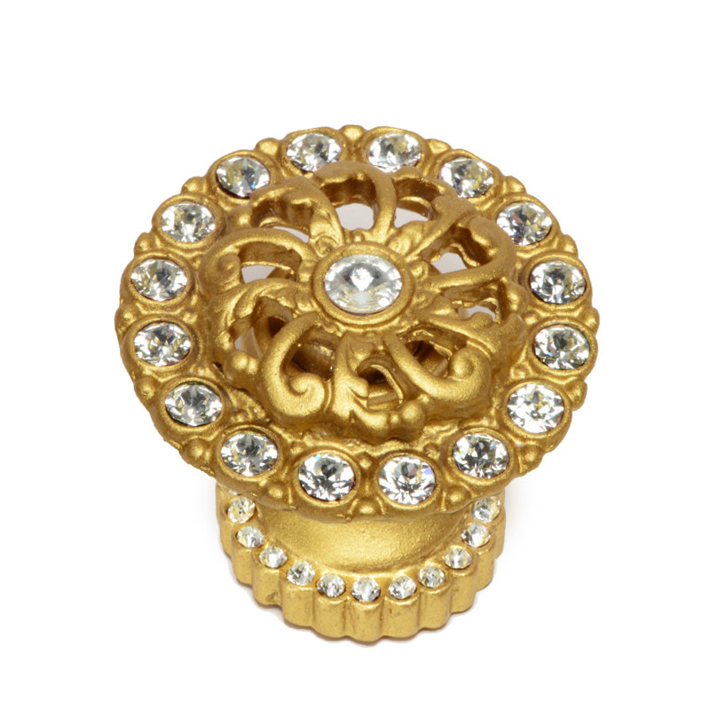 Caché medium round knob with halo platform with Swarovski Clear Crystalsin Antique Brass, Gold