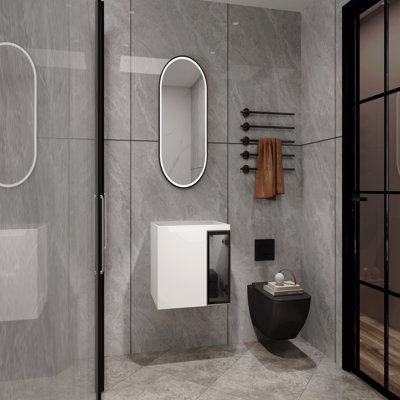 Meuble-lavabo mural de 61 cm (23-7/16 po), 2 portes à fermeture amortie, lavabo blanc brillant et demi-porte en verre gris, contreplaqué (emballage démonté) - Lavabo non inclus