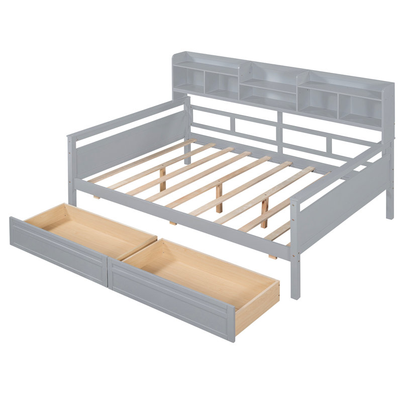 Elegant Size Daybed In Gray, Wood Slat Base, Bedside Shelf & 2 Drawers - Multi-Purpose For Home Interior Supported Structure, Multi-Functional Decor