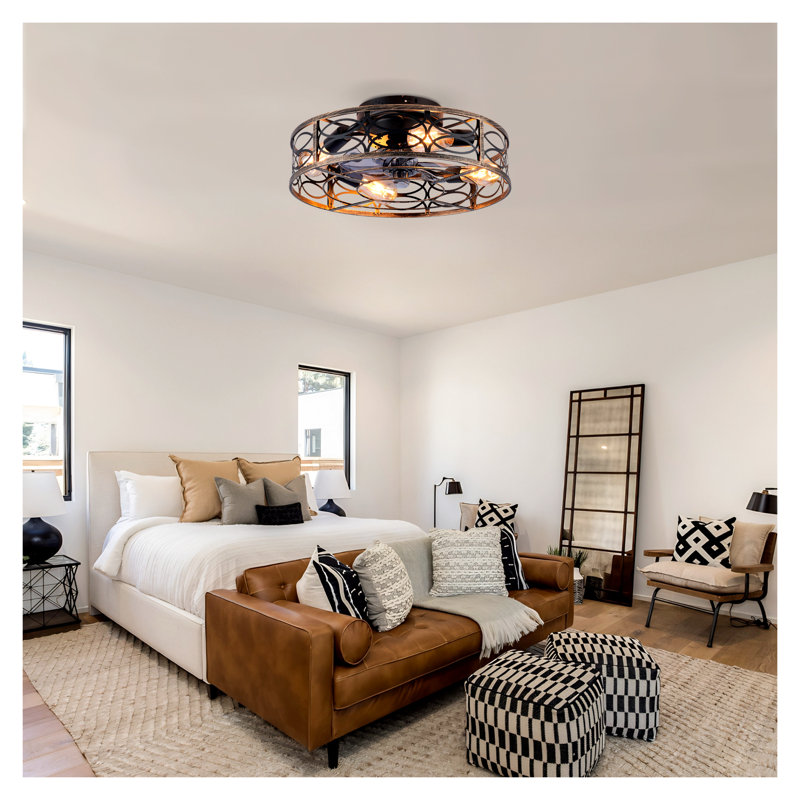 20'' Low Profile Farmhouse Ceiling Fan with Lights and Remote Control, Flush Mount Caged Ceiling Fan with 6 Speeds Reversible Motor for Bedroom, Kitchen, Living Room - Blush Gold/Bronze