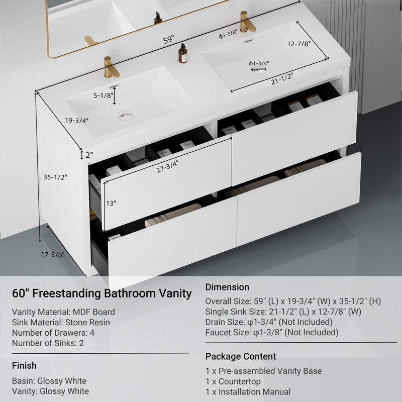 Freestanding Bathroom Vanity with Double Sinks, Glossy White