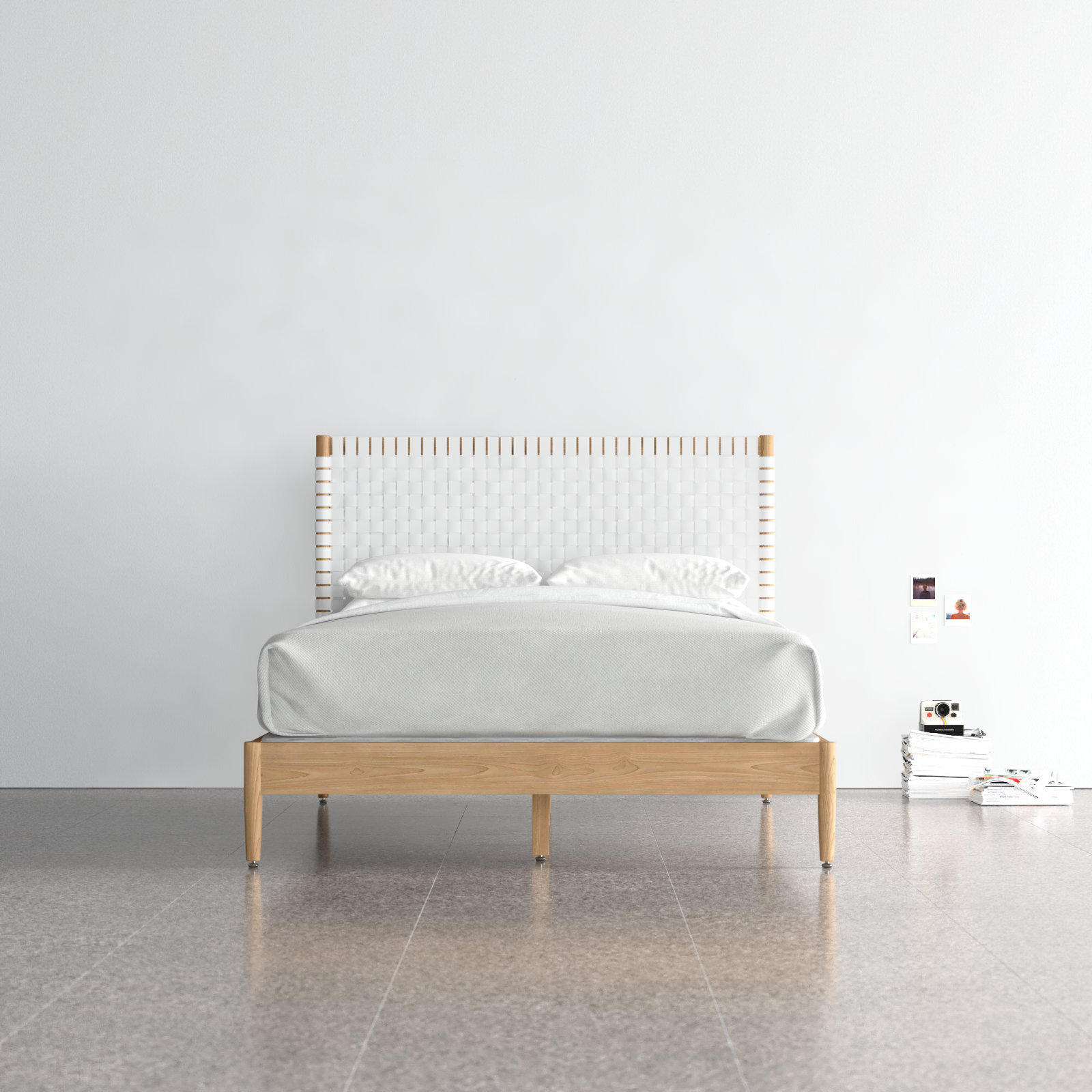 Tamita Leather Bed, White/Natural, Queen
