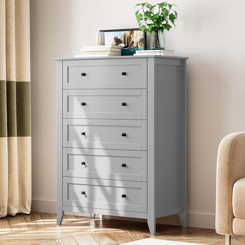 Commode haute 5 tiroirs gris pour chambre à coucher, commode en bois pour entrée, Gris