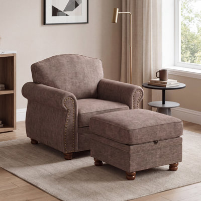  Fauteuil d'appoint surdimensionné rétro avec repose-pieds de rangement, fauteuil simple tapissier à garniture cloutée de 41,3 po avec accoudoirs roulés et pieds en bois pour salon, chambre à coucher, appartement, maison de campagne, chenille, brun