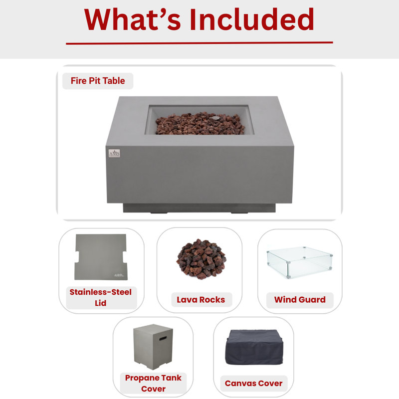 Brooklyn 40" Square Concrete Fire Pit with Wind Guard, Burner Lid, and Propane Tank Cover, Light Gray