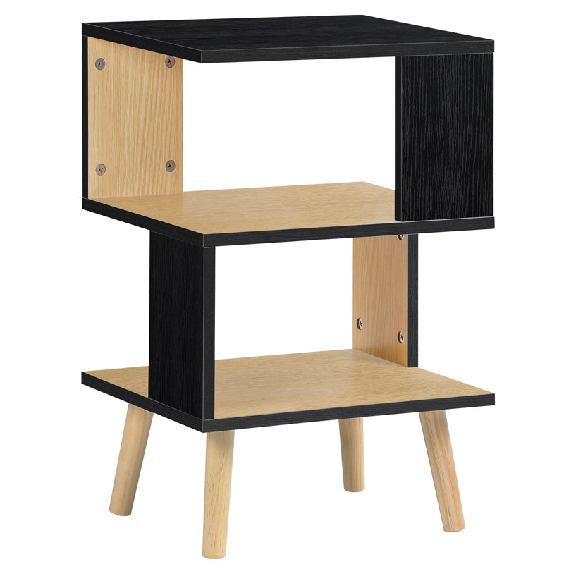 Table de bout rectangulaire en bois massif et manufacturé Josefin avec rangement en rotin , Noir / brun