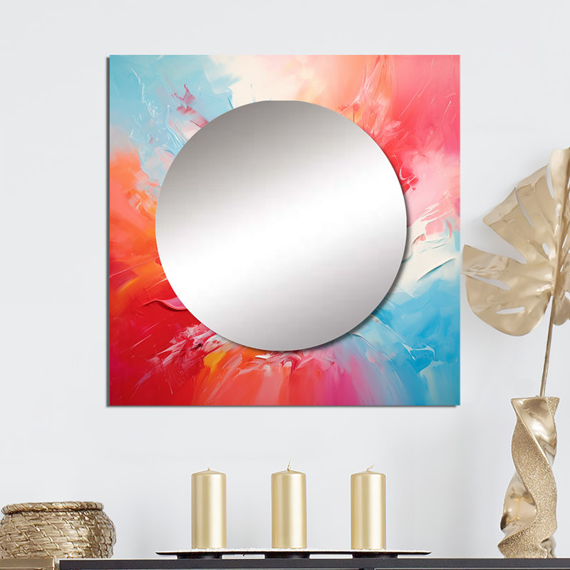 Colorful Mid Century Energetic EruTIONS III - Grand miroir carré abstrait pour décoration murale, 23 po x 23 po