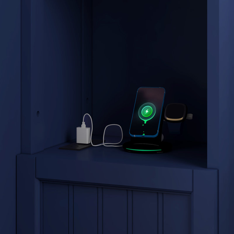 Grand lit escamotable Wilkinson Farmhouse avec tables de chevet, 3 tiroirs de rangement et station de charge, bleu marine