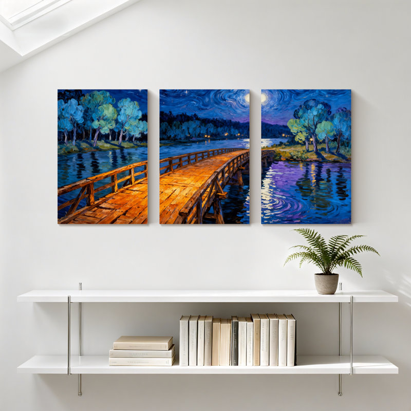 Abstrait pont en bois nuit ciel arbres eau reflets ensemble de 3 impressions d'art sur toile, H 30 po x l 60 po