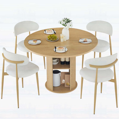 Table de salle à manger ronde de 120 cm avec deux chaises, style ferme moderne, rangement à deux niveaux, idéale pour les espaces salle à manger et salon.