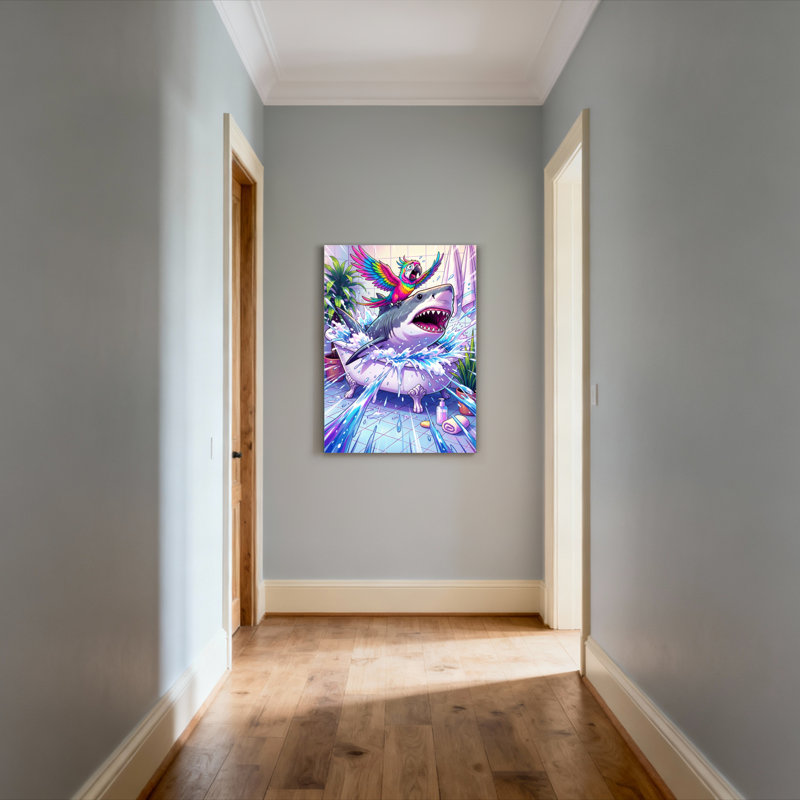 Ensemble de 1 tableau sur toile représentant un requin et un perroquet dans une baignoire, H 24 po x l 16 po