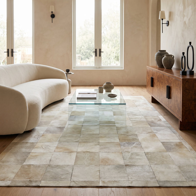 Natural Hide Geometric Handmade Cowhide Beige/Gray/Dark Gray Area Rug, Rectangle 8' x 10'
