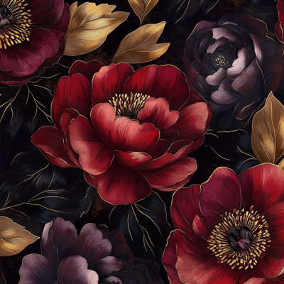 Papier peint floral, décoration murale rétro foncée