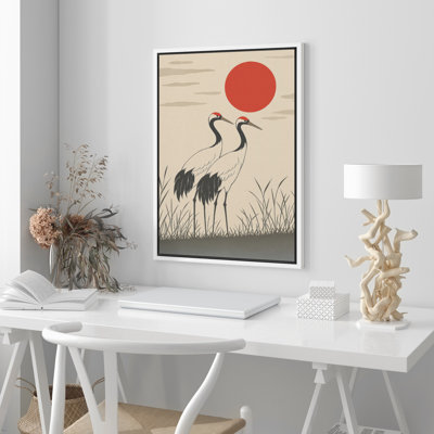 «Red Sun with Two Cranes Minimalist Nature Scene», reproduction d'art sur toile encadrée dans la chambre principale