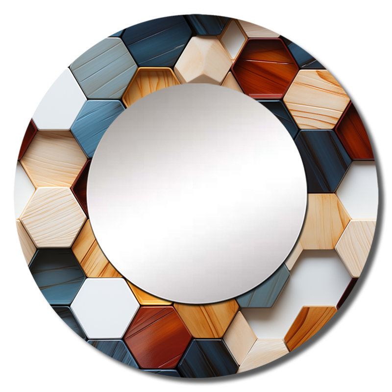 «Sashko Orange and Grey Hexagons Angularity», miroir mural décoratif géométrique, grand miroir rond moderne, impression d'art en métal