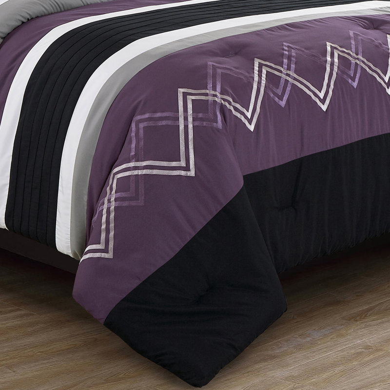 7-Piece Modern Pleated Stripe Embroidered Comforter Set with Sheets, Black/Purple/Gray, Queen Comforter + 6 Additional Pieces