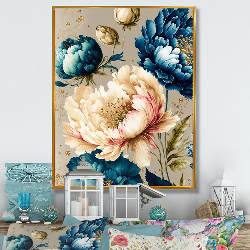 Vibrant multicolore Floral Bunch I - Art mural sur toile floral et botanique, Toile avec cadre photo doré, L 24 po x H 32 po