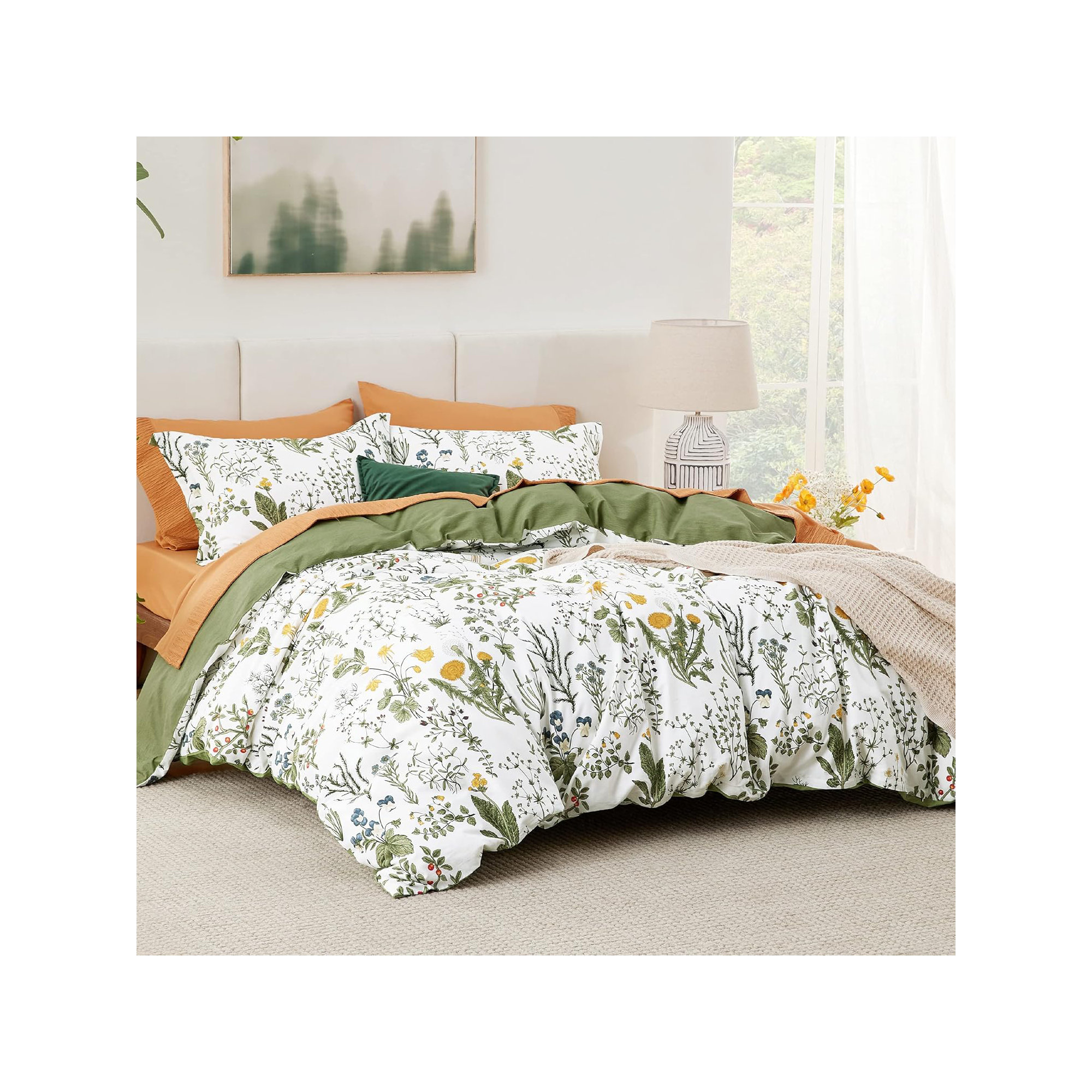 Bedsure 100% Cotton Reversible Floral Duvet Cover Set, Green/Yellow Floral, Queen Duvet Cover + 2 Standard Shams