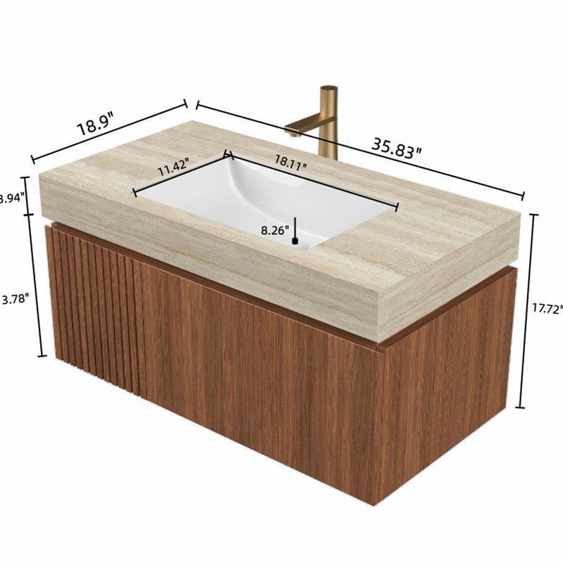 Meuble-lavabo 36 po avec comptoir en pierre frittée et lavabo en céramique, porte de tiroir flottante en contreplaqué, pré-assemblé, chêne brun, glissières à fermeture en douceur, lavabo haute performance, comptoir, percé dans le lavabo