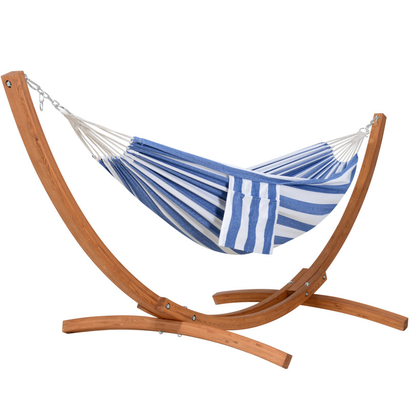 Hamac d'extérieur avec support en bois, Rayé bleu / blanc