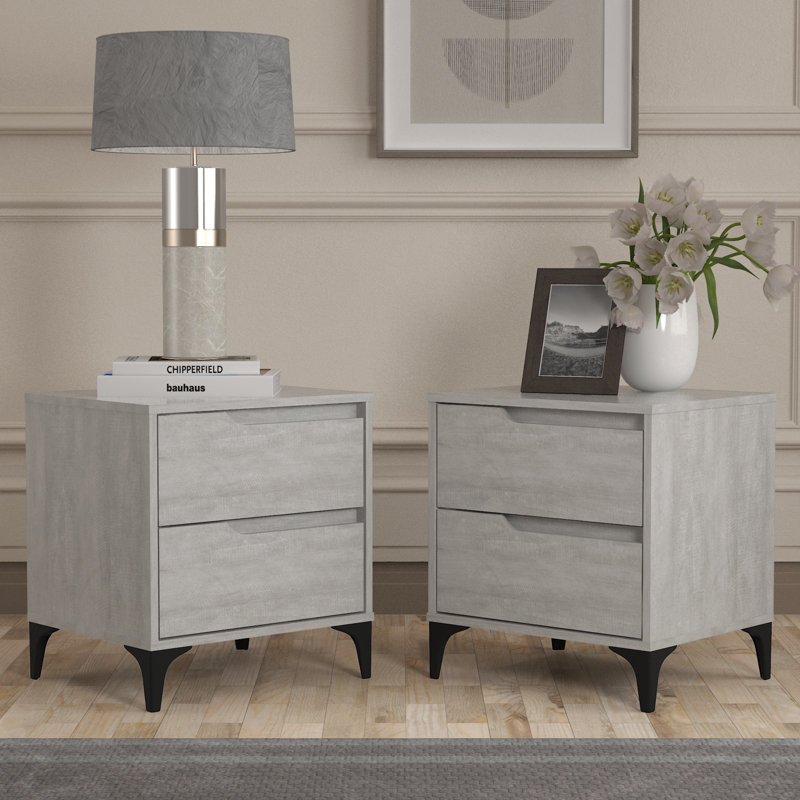Norcross Contemporary 20.3" 2 Drawer Nightstand with Tapered Legs, Gray