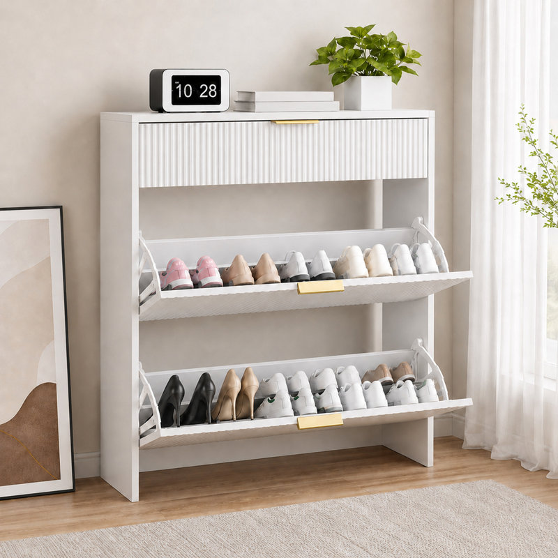 Meuble à chaussures étroit à rainures avec poignées dorées, blanc, Blanc
