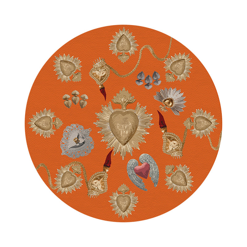 Ex Vote Sacred Hearts Vegan Leather Round Pebble Placemat, Orange