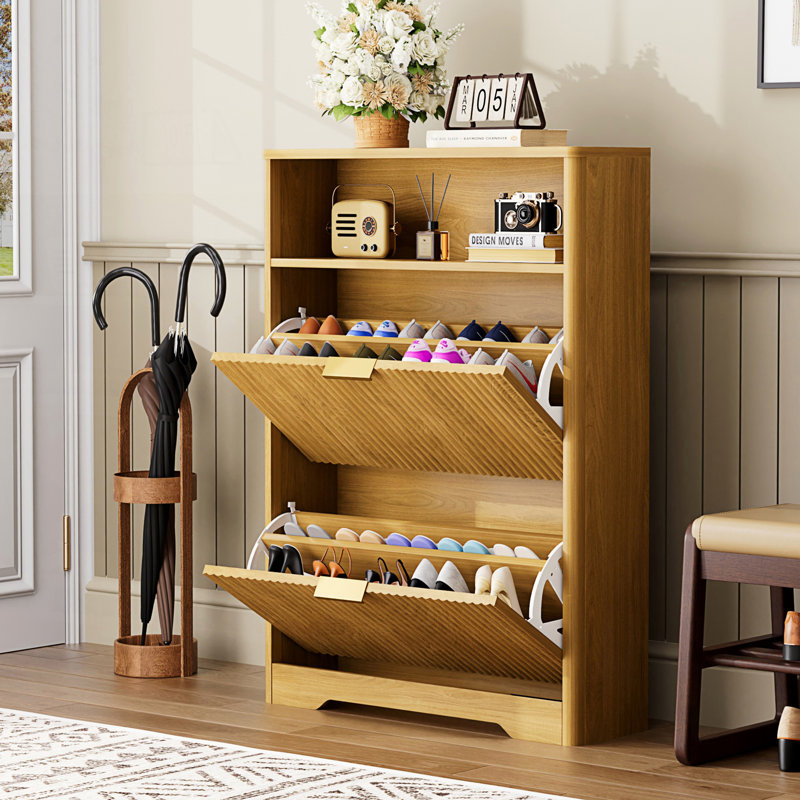 Shoe Storage Cabinet With 2 Flip Drawers, Natural