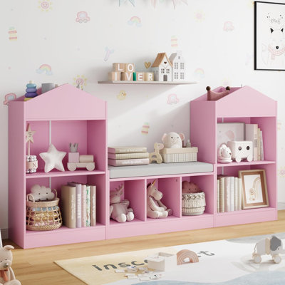 Bibliothèque pour enfants 68,9 "avec coin lecture, organisateur de rangement pour jouets avec coussin de siège et 7 casiers de rangement, bibliothèque en bois pour enfants, organisateurs de jouets et rangement pour chambre de bébé, salle de jeux, bla