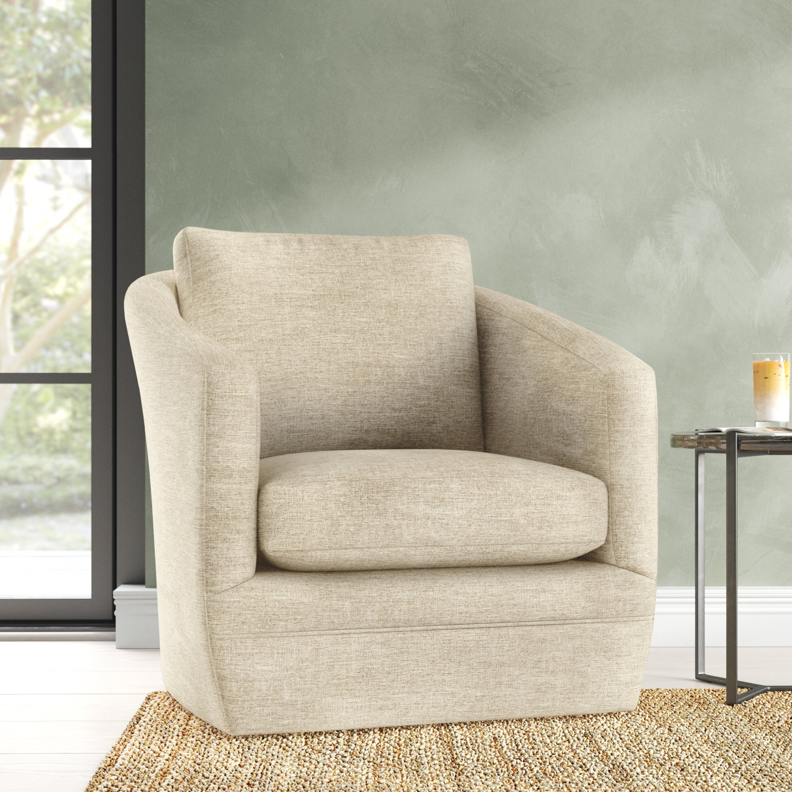 Mileva Upholstered Swivel Barrel Chair, Macarena Beige Performance