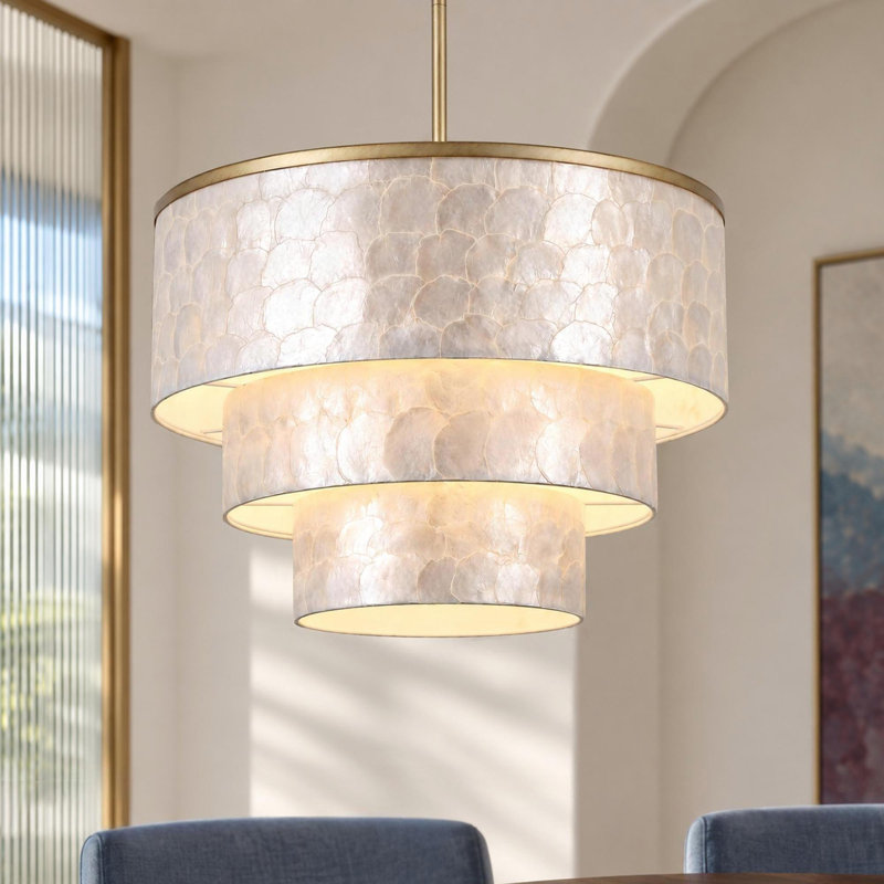 22" 5-Light Tiered Capiz Shell Drum Chandelier, H 16 po x l 22 po x P 22 po, 2 niveaux