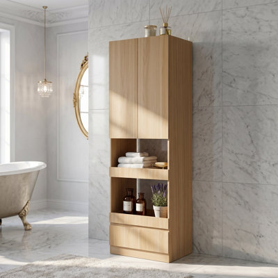 Armoire de salle de bain avec tablette ouverte et tiroir