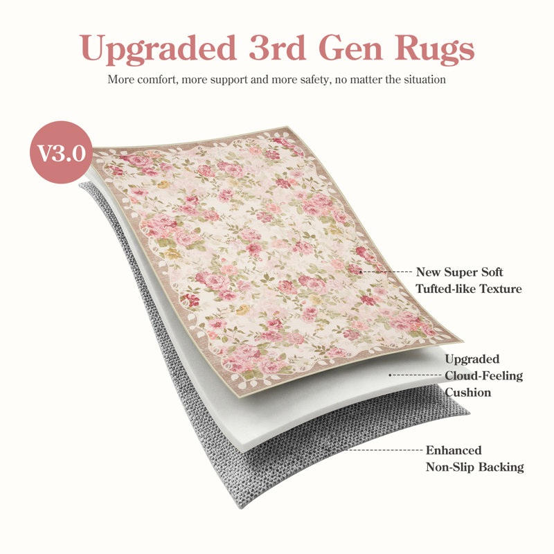 Vintage Floral Machine Washable Area Rug with Non-Slip Backing, Beige, Rectangle 8' x 10'
