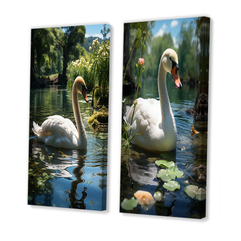 «Swans Refuge In Tropical Lake - Swans», ensemble de 2 reproductions d'art mural, H 40 po x l 41 po, Toile tendue