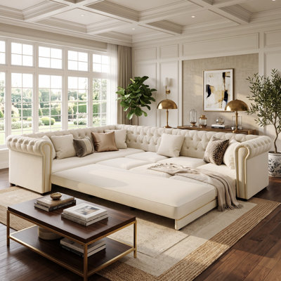 Canapé Chesterfield en L en velours avec lit coulissant et garniture dorée Rimer