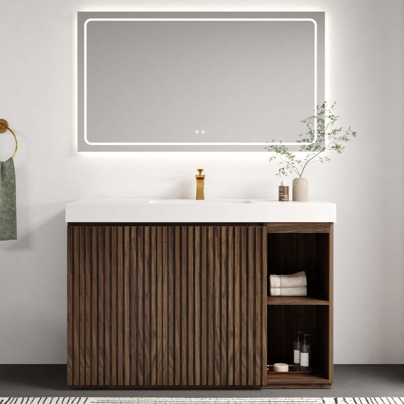Meuble-lavabo moderne en chêne fumé avec grand rangement et lavabo à quartz intégré, Chêne fumé