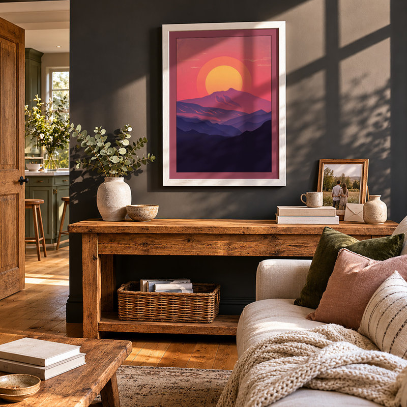Mountains At Sunset Minimalist - Print, A1 - 84.1 x 59.4 cm, White