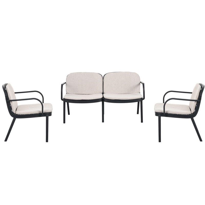 Ensemble de 3 chaises de jardin, structure noire, coussins beiges, antirouille, léger, résistant à la décoloration, idéal pour balcon et terrasse. Structure en polypropylène, confortable et facile d'entretien.