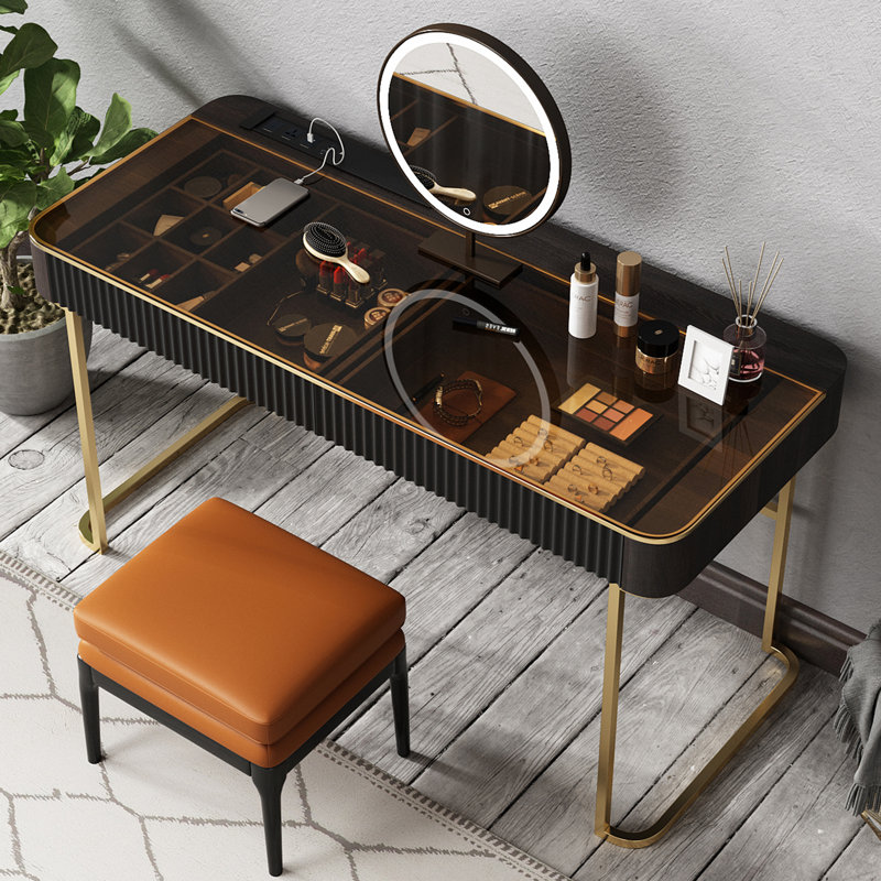 Dressing Table with Mirror, 29.5" H x 47" W x 23" D, Black/Gold