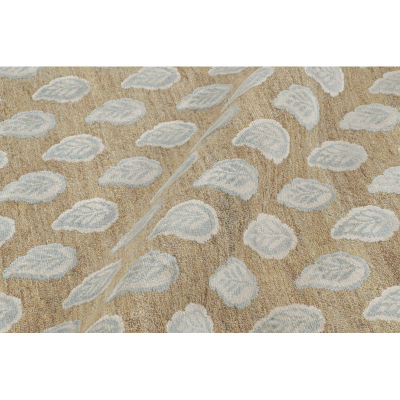 Rug & Kilim’S Modern Block Print Rug In Beige With White And Blue Floral Pattern, Rectangle 10' x 14'