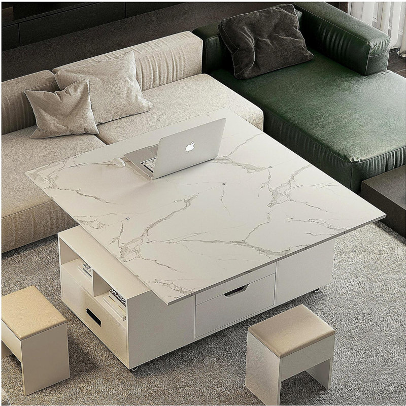 Table basse relevable moderne avec 2 tabourets pour le salon Rangement caché extensible + tiroirs